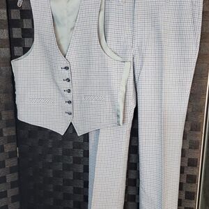 Men's Light Blue Checkered Suit Vest and Pants